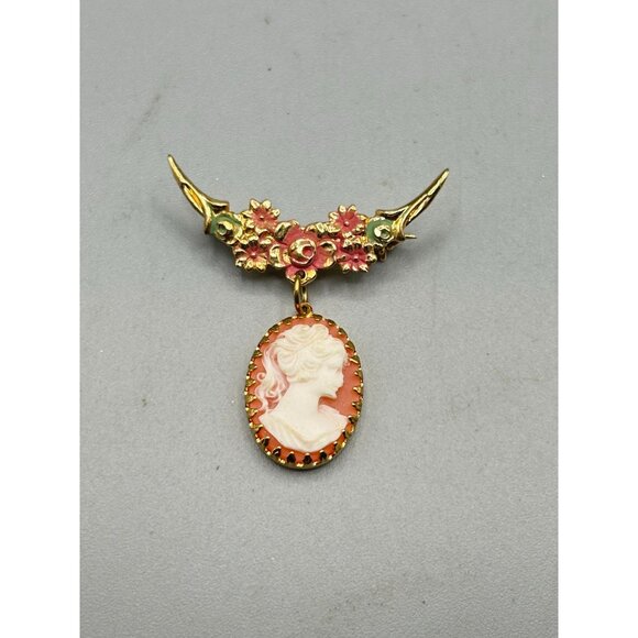 Vintage Romantic Faux Cameo Pin Brooch Floral Crescent Moon Resin Cameo Dangle - Picture 2 of 4